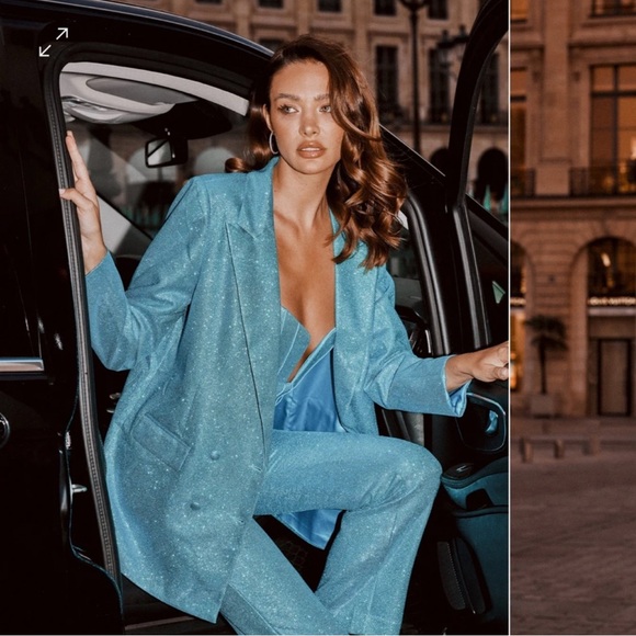 Meshki Becky Shimmer Oversized Blazer Dress Aquamarine L Mermaid Glitter Festive - Picture 5 of 16